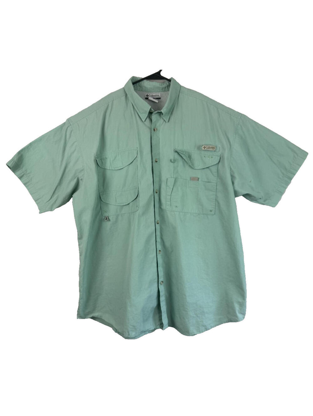 Columbia PFG 2XL XXL Solid Short Sleeve Button-Down Shirt Green Fishing Pockets